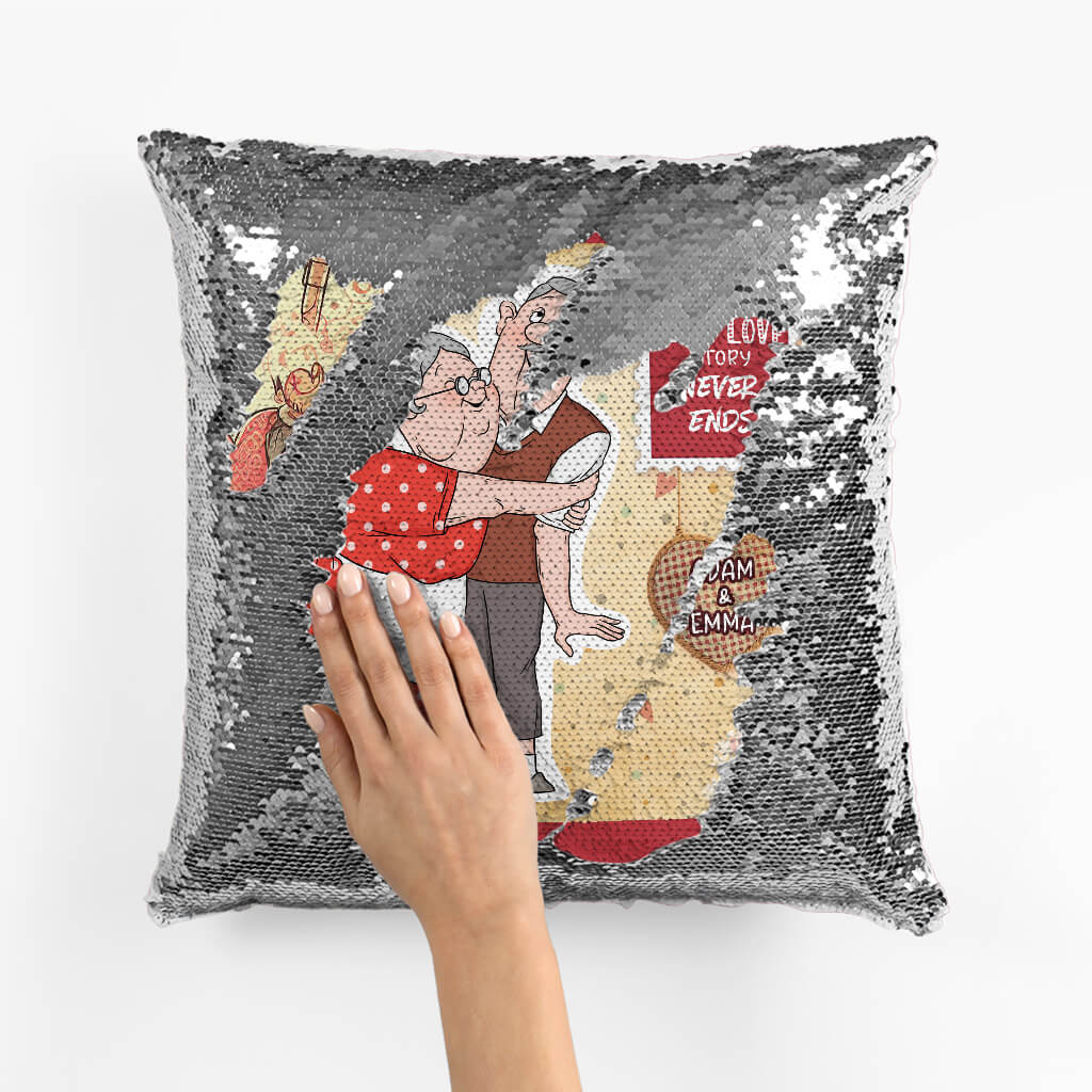 Personalized A True Love Story Never Ends Sequin Pillow
