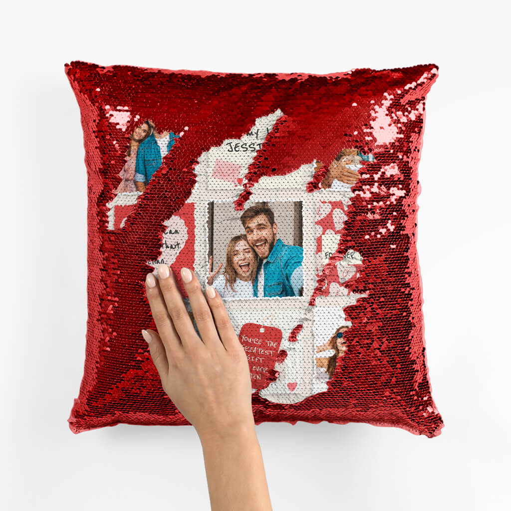 Personalized Couple Photo Collage Sequin Pillow