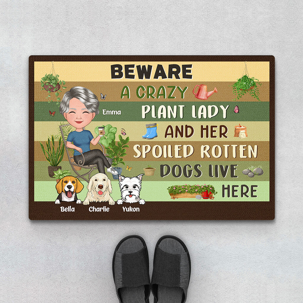 Beware A Crazy Plant Lady & Her Spoiled Rotten Dogs Live Here Doormat - Best Presents For Dog Owners