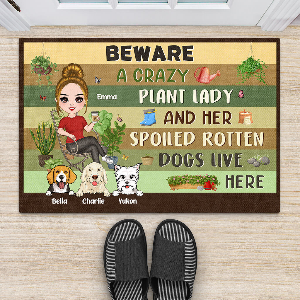 Beware A Crazy Plant Lady & Her Spoiled Rotten Dogs Live Here Doormat - Best Presents For Dog Owners