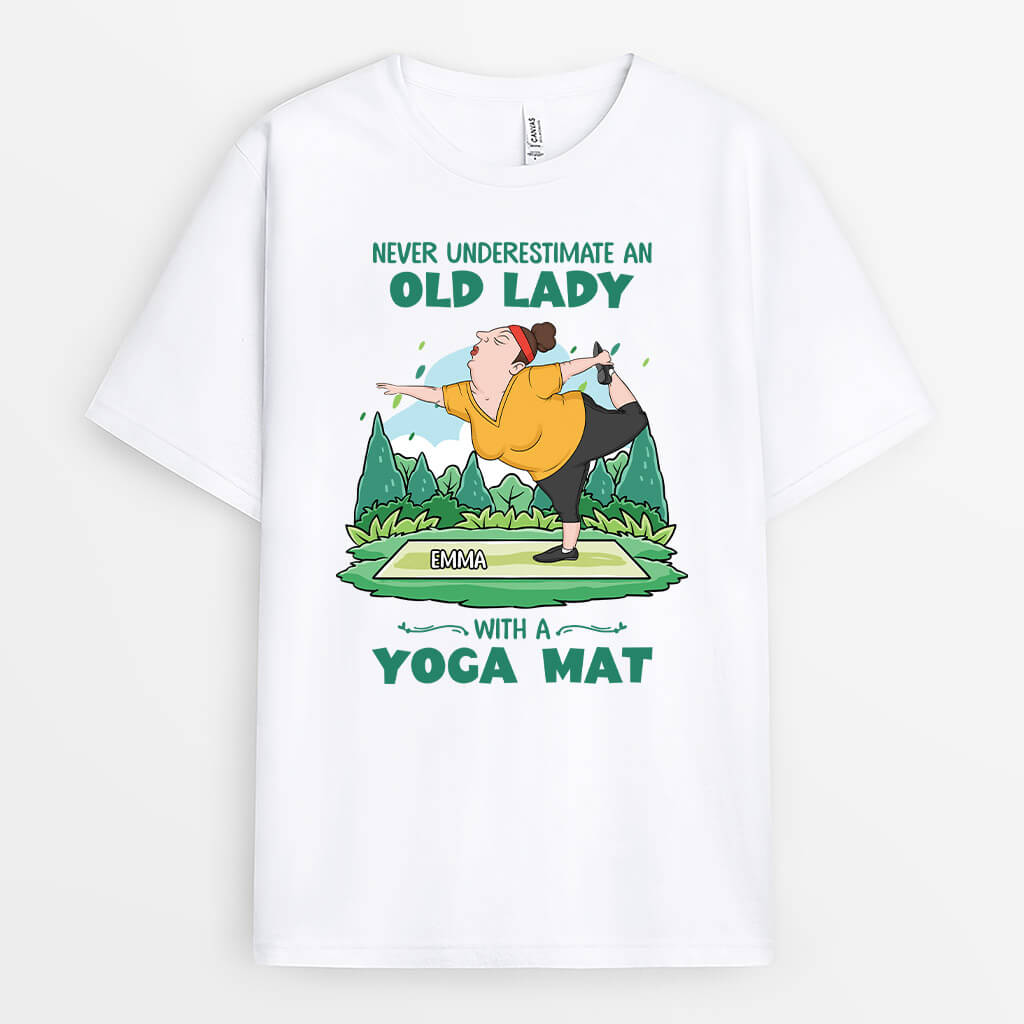 Personalized Never Underestimate An Old Lady With A Yoga Mat T-shirt
