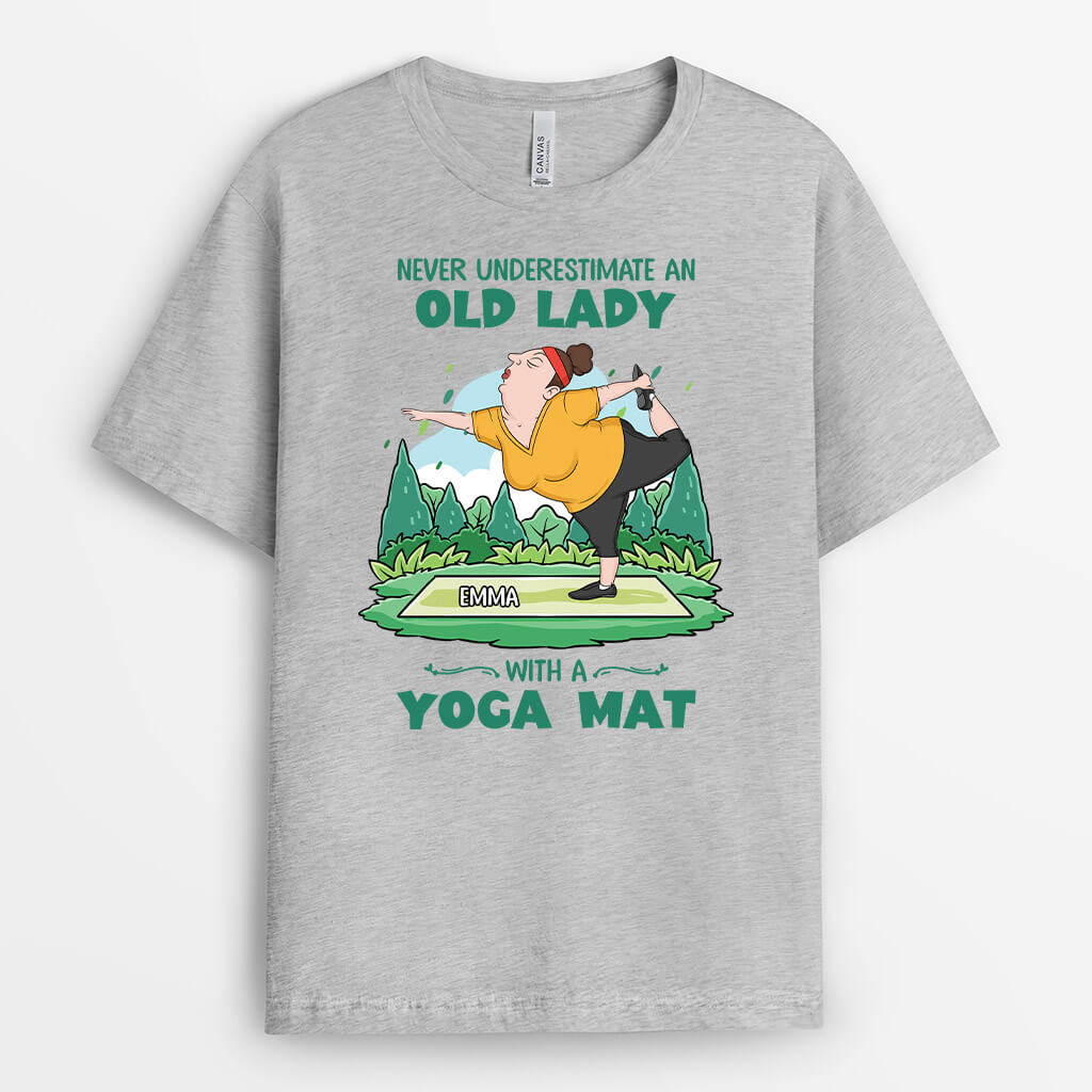 Personalized Never Underestimate An Old Lady With A Yoga Mat T-shirt