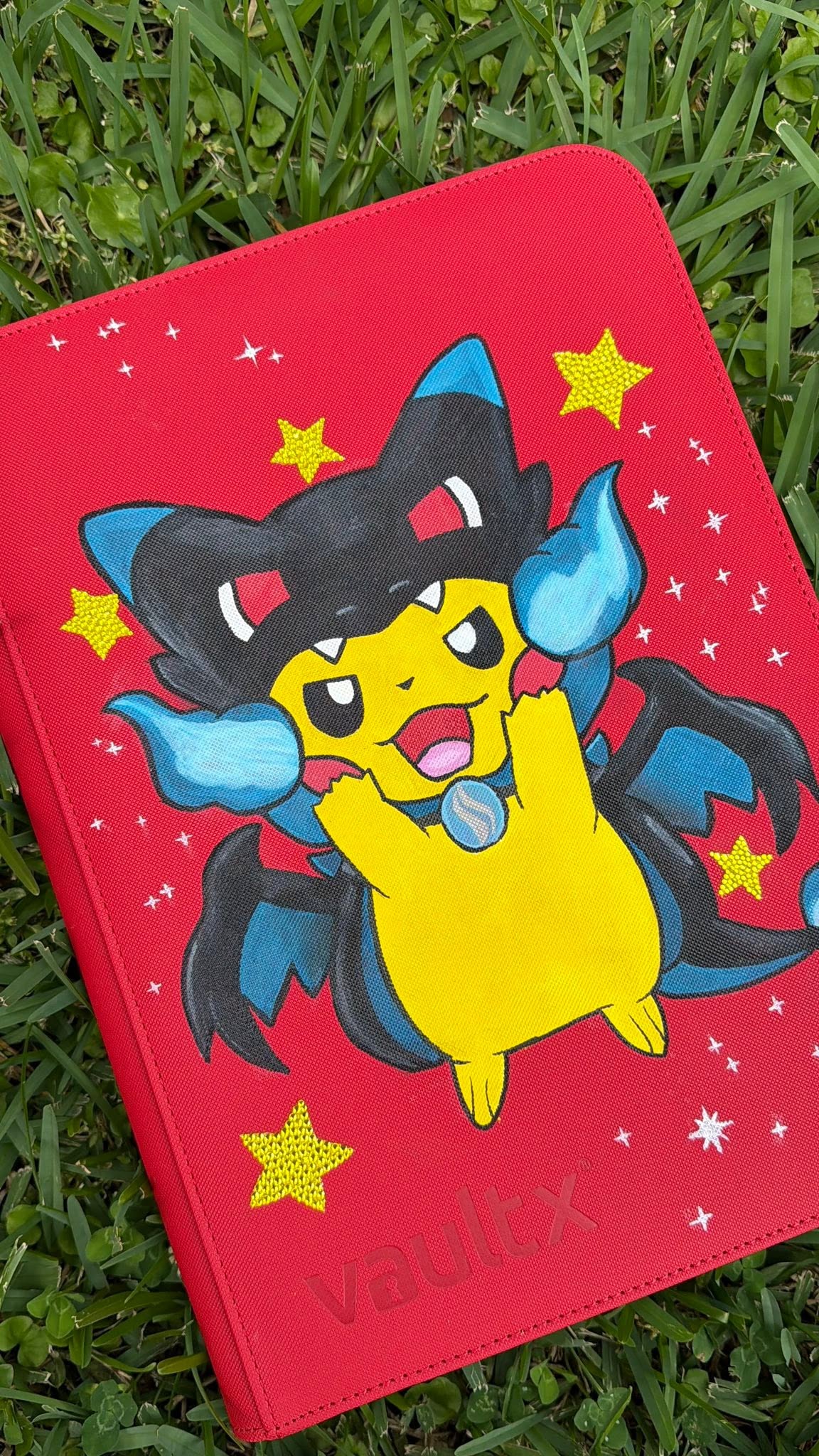 Spark Mouse in Black Flame Dragon Hoodie Binder - hand-painted Black / Blue Flame card binder cover