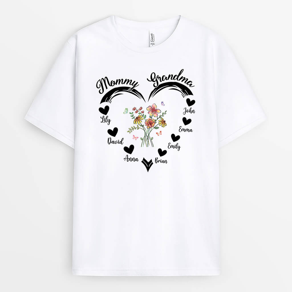 Personalized Mom's Flowers Hearts T-shirt