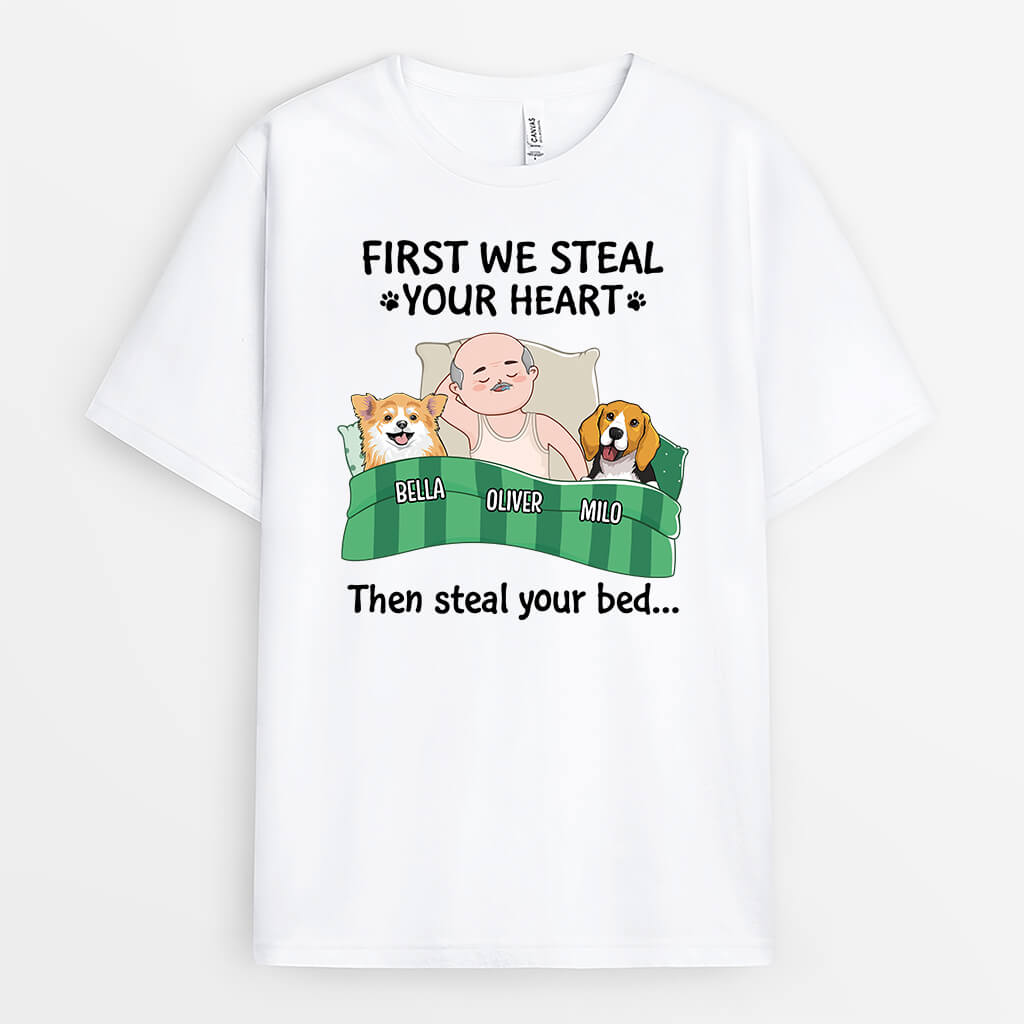 Personalized They Steal Your Heart First, Then They Steal Your Bed Dog T-Shirt