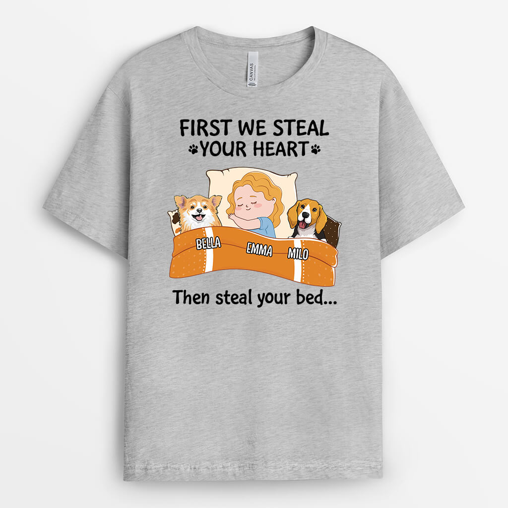 Personalized They Steal Your Heart First, Then They Steal Your Bed Dog T-Shirt