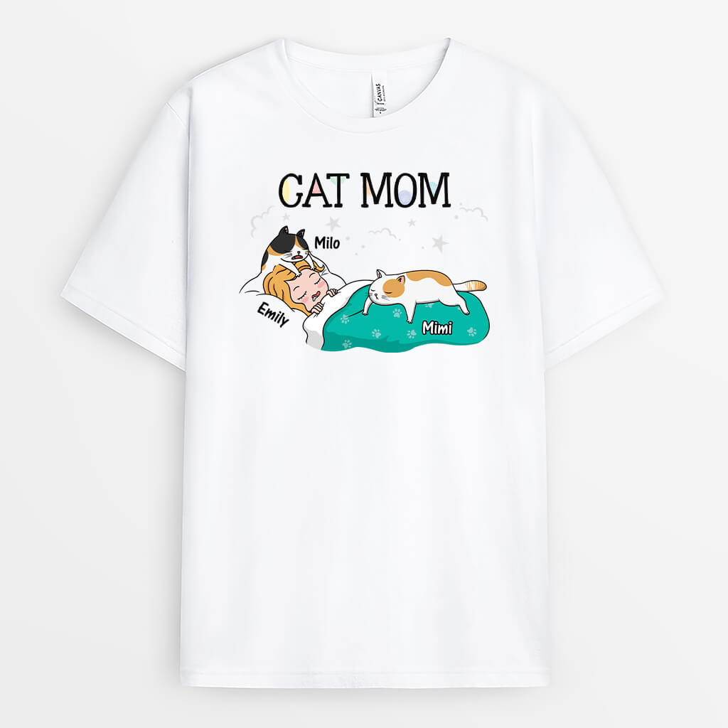 Cat Mom Sleeping Cute T-shirt - Personalized Gifts For Cat Lovers