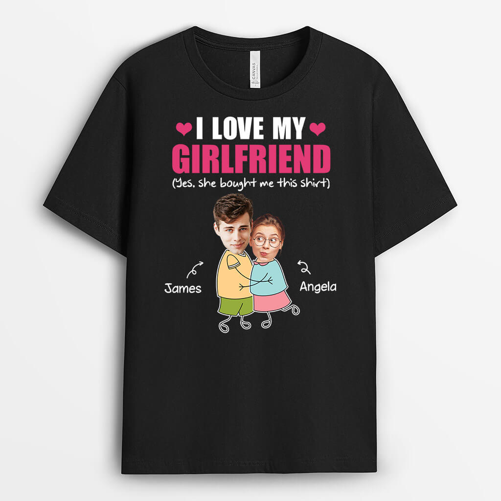 I Love My Girlfriend Funny Printed Couple's Face - Personalized T-shirt For Couple