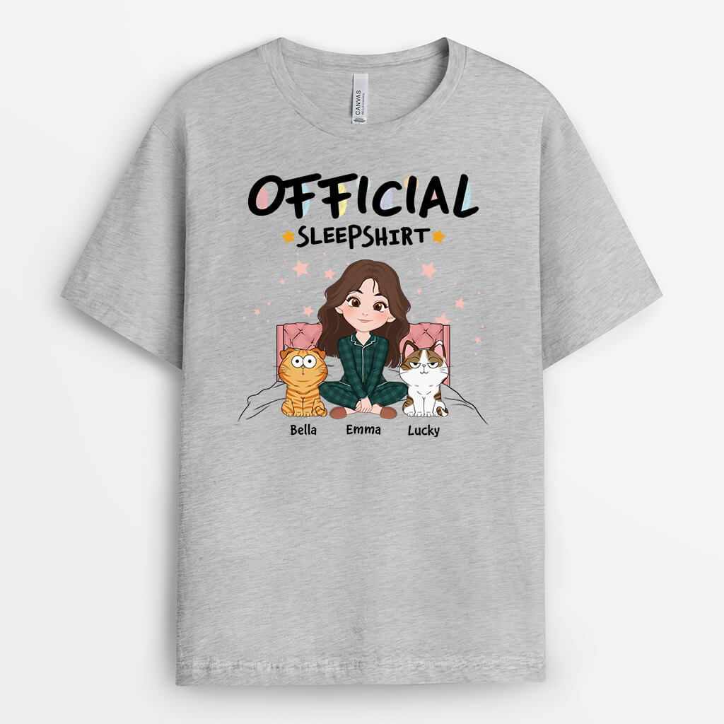 Official Sleepshirt With Girl and Cats Sitting On Bed T-shirt - Personalized Gifts For Cat Lovers