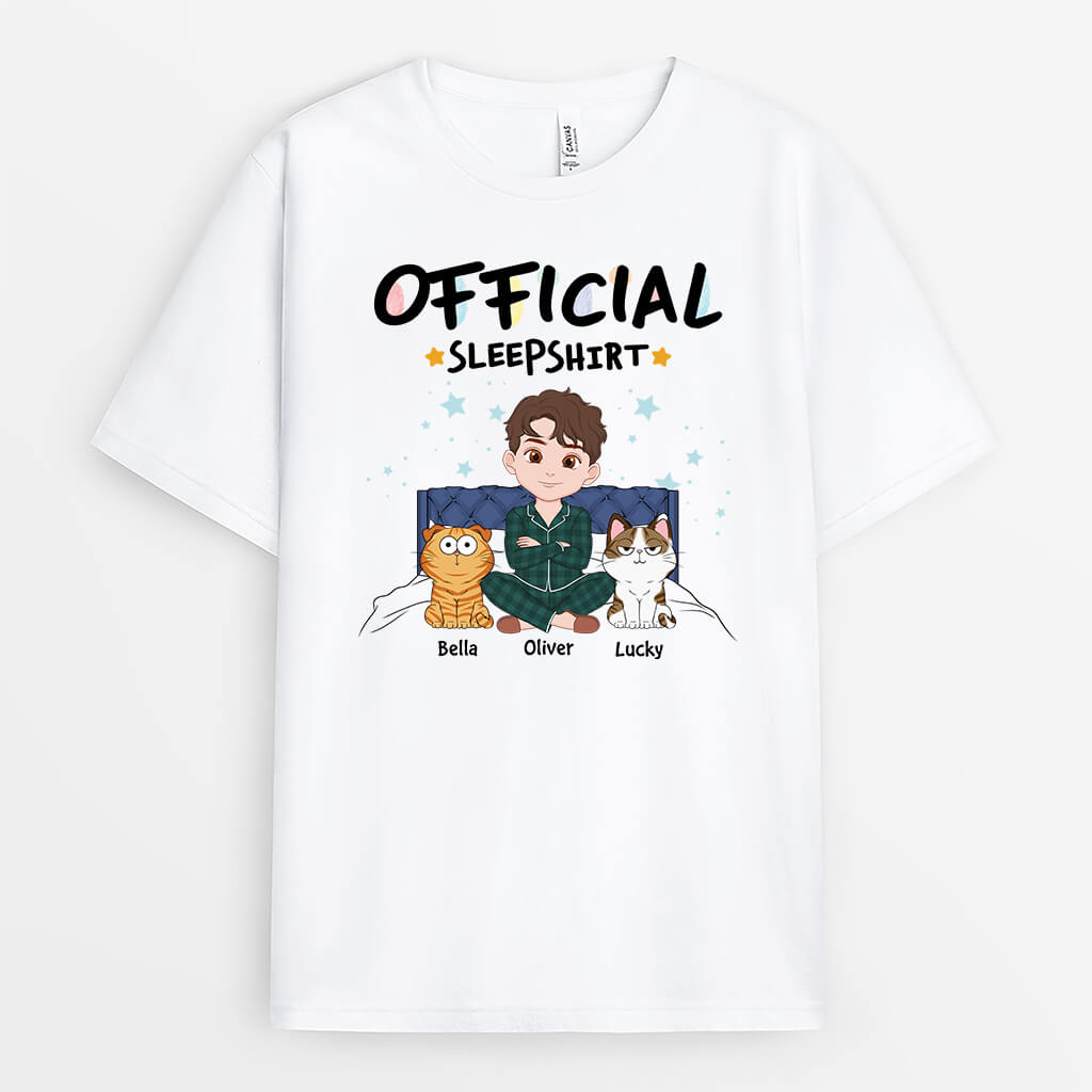 Official Sleepshirt With Girl and Cats Sitting On Bed T-shirt - Personalized Gifts For Cat Lovers