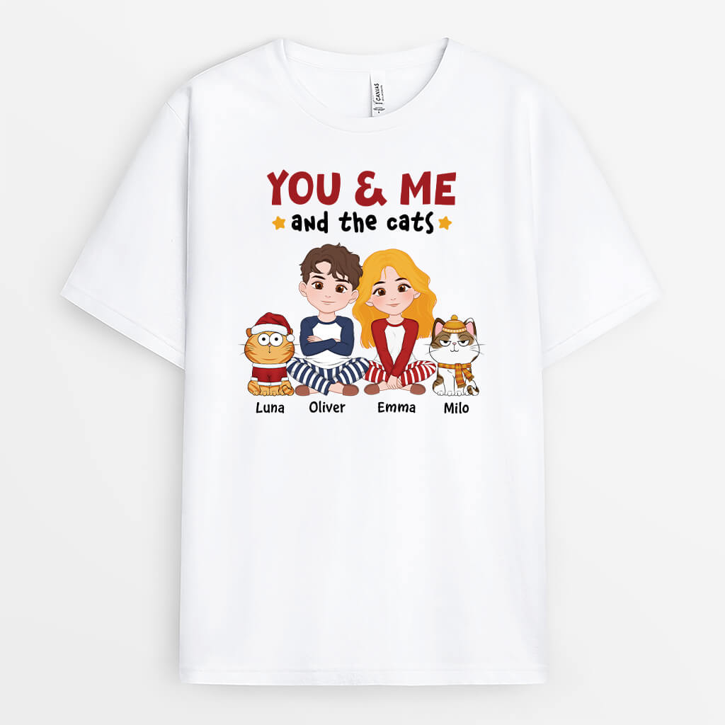 You & Me and the Cats - Personalized Christmas T-shirt for Cat Lovers