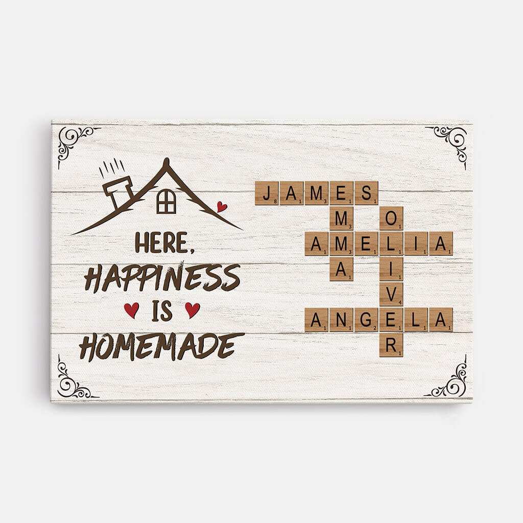 Here Happiness Is Homemade Crossword Canvas - Personalised Family Gifts