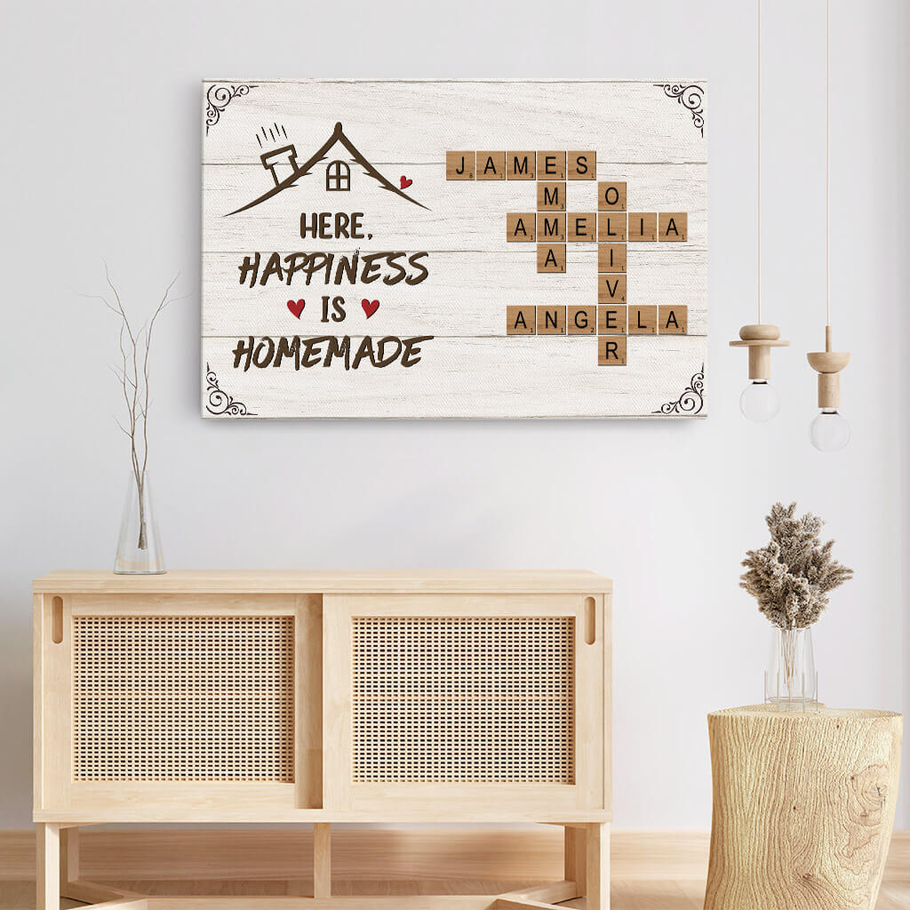 Here Happiness Is Homemade Crossword Canvas - Personalised Family Gifts