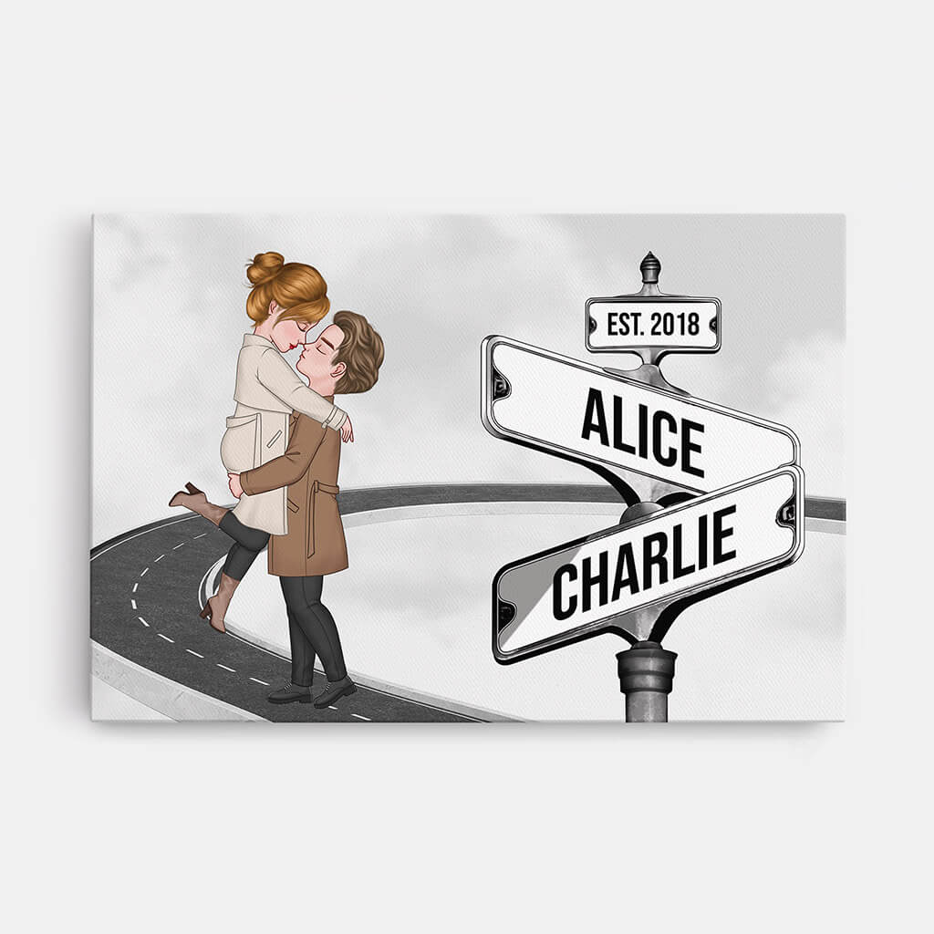 Vintage Street Sign Couple Kissing Canvas - Personalized Presents for Couples