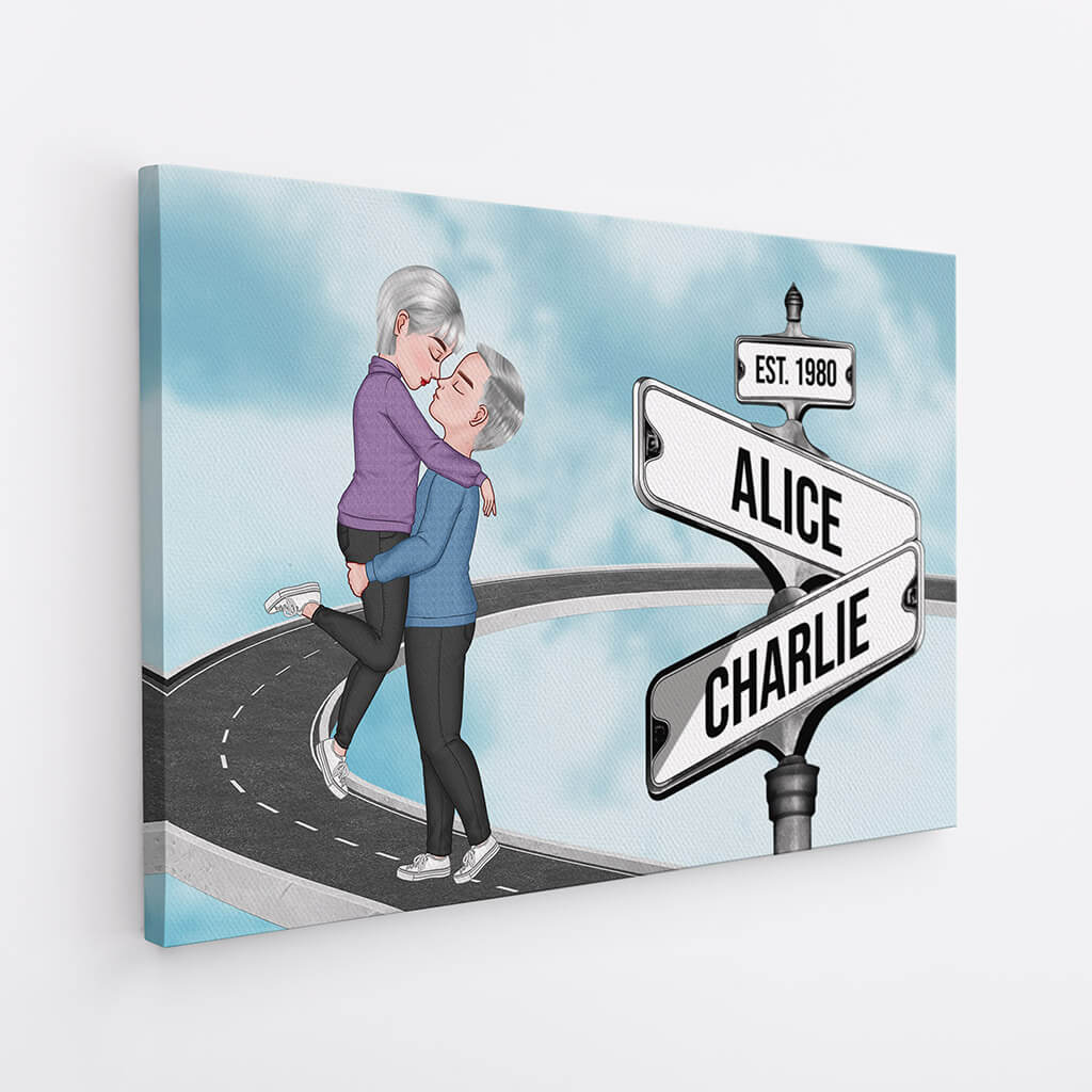 Vintage Street Sign Couple Kissing Canvas - Personalized Presents for Couples