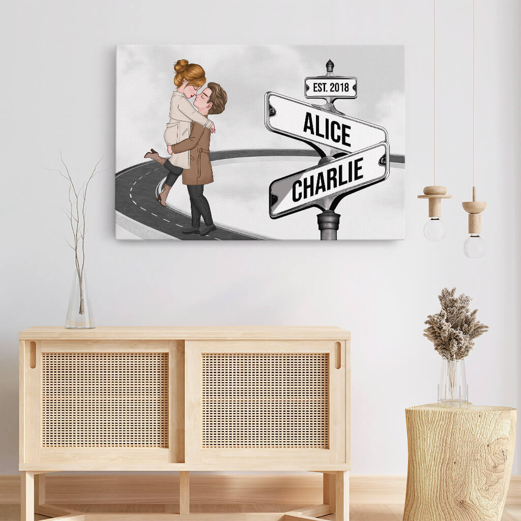 Vintage Street Sign Couple Kissing Canvas - Personalized Presents for Couples