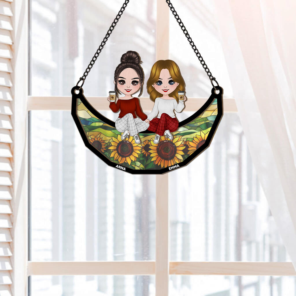 Friends Sitting On The Moon - Personalized Window Hanging Suncatcher Ornament for Friends