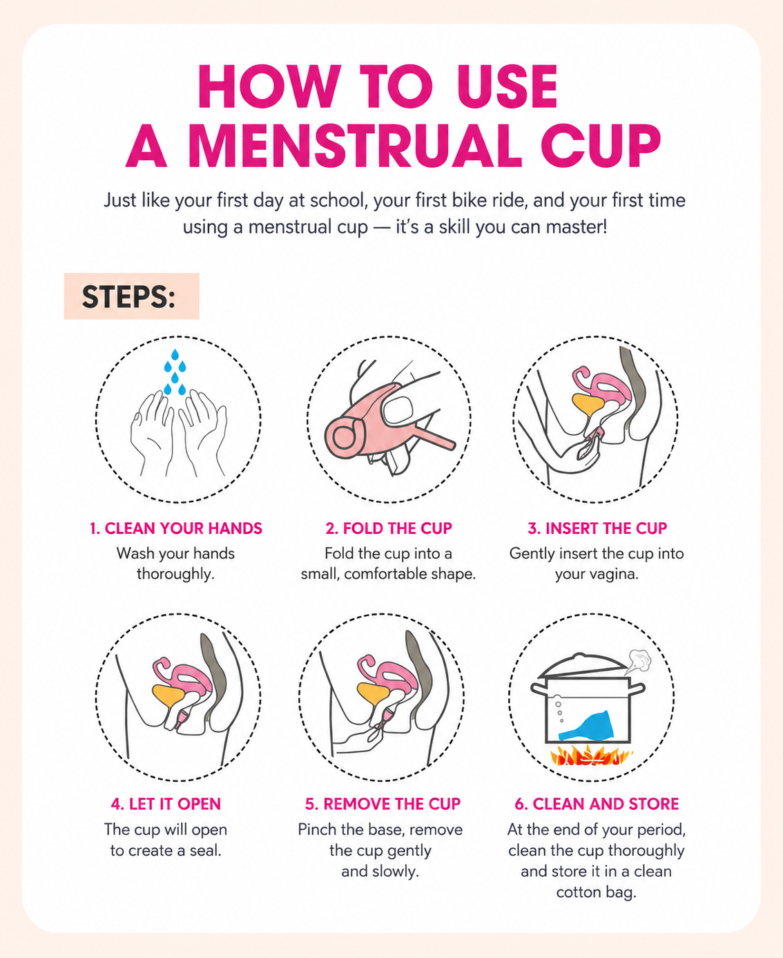 Menstrual cup, silicone, suitable for swimming during menstruation.