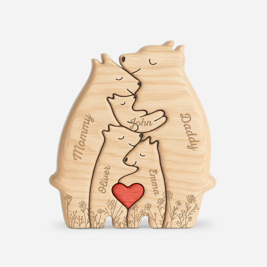 Personalized Wooden Bears Family Puzzle with Floral Design