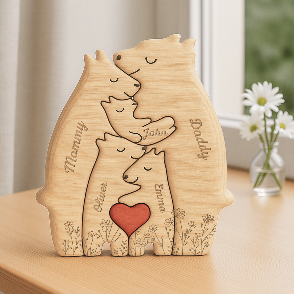 Personalized Wooden Bears Family Puzzle with Floral Design